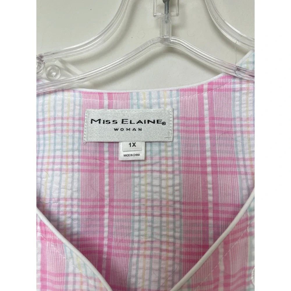Miss Elaine Pink Plaid Seersucker Zip Front House Coat Robe Plus Size 1X